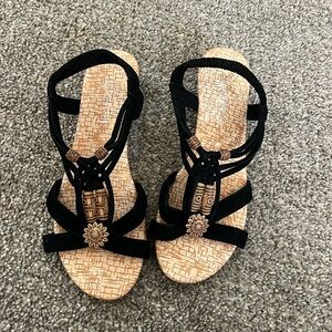 Size 7 black and tan sandal wedges